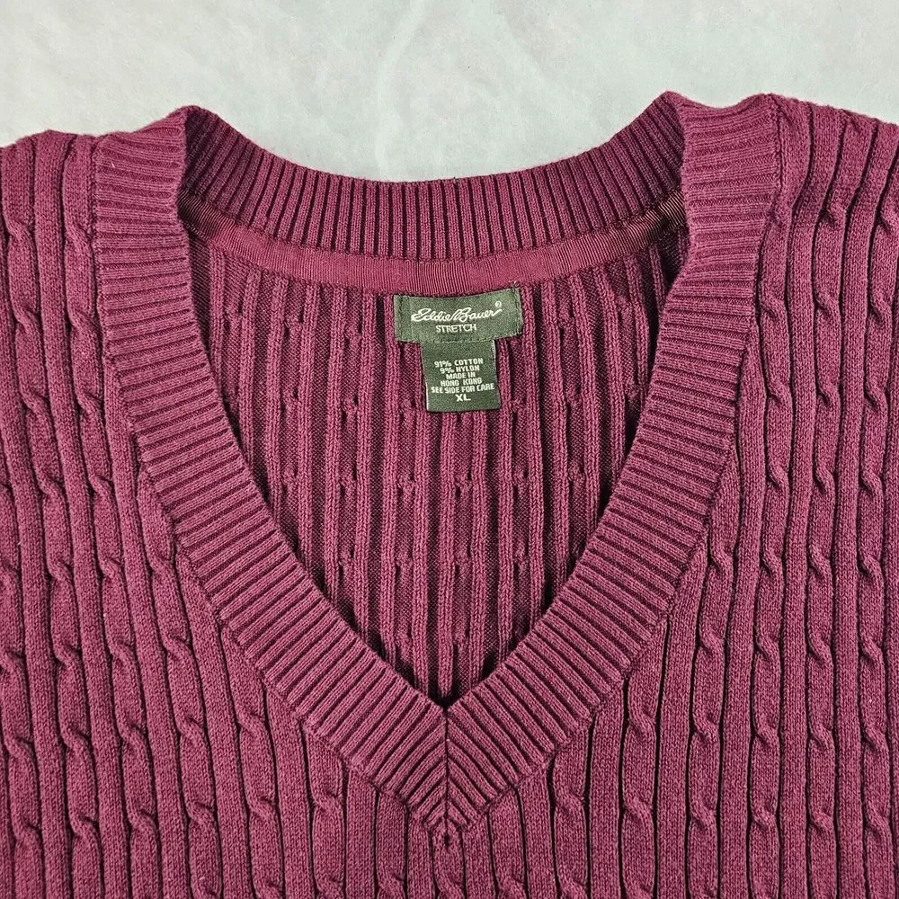 Eddie Bauer Mens Sweater Vest Cable Knit V-Neck Stretch Knit Pullover Purple‎ XL